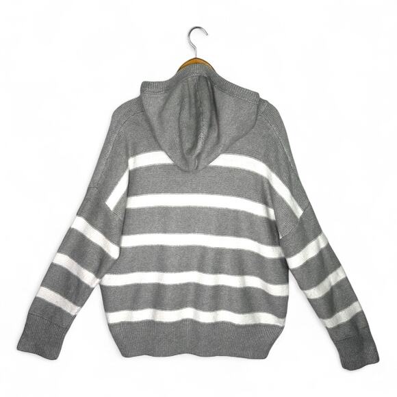 Joie Women's Striped V Neck Hooded Sweater Size L Gray White Stripe Draw Sting - Picture 4 of 8